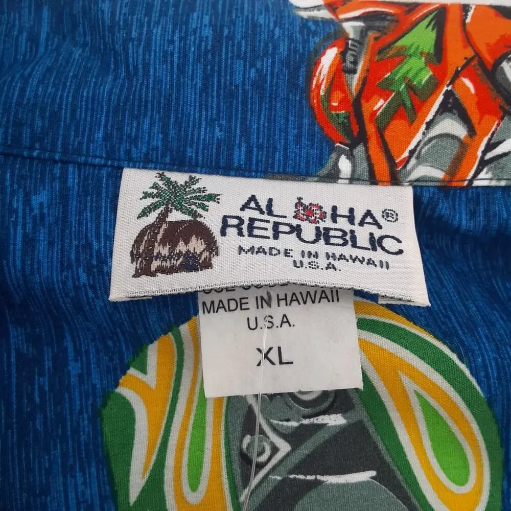 Aloha Republic Hawaiian Shirt Men’s XL Motorcycle Made USA Biker Print Blue EUC
